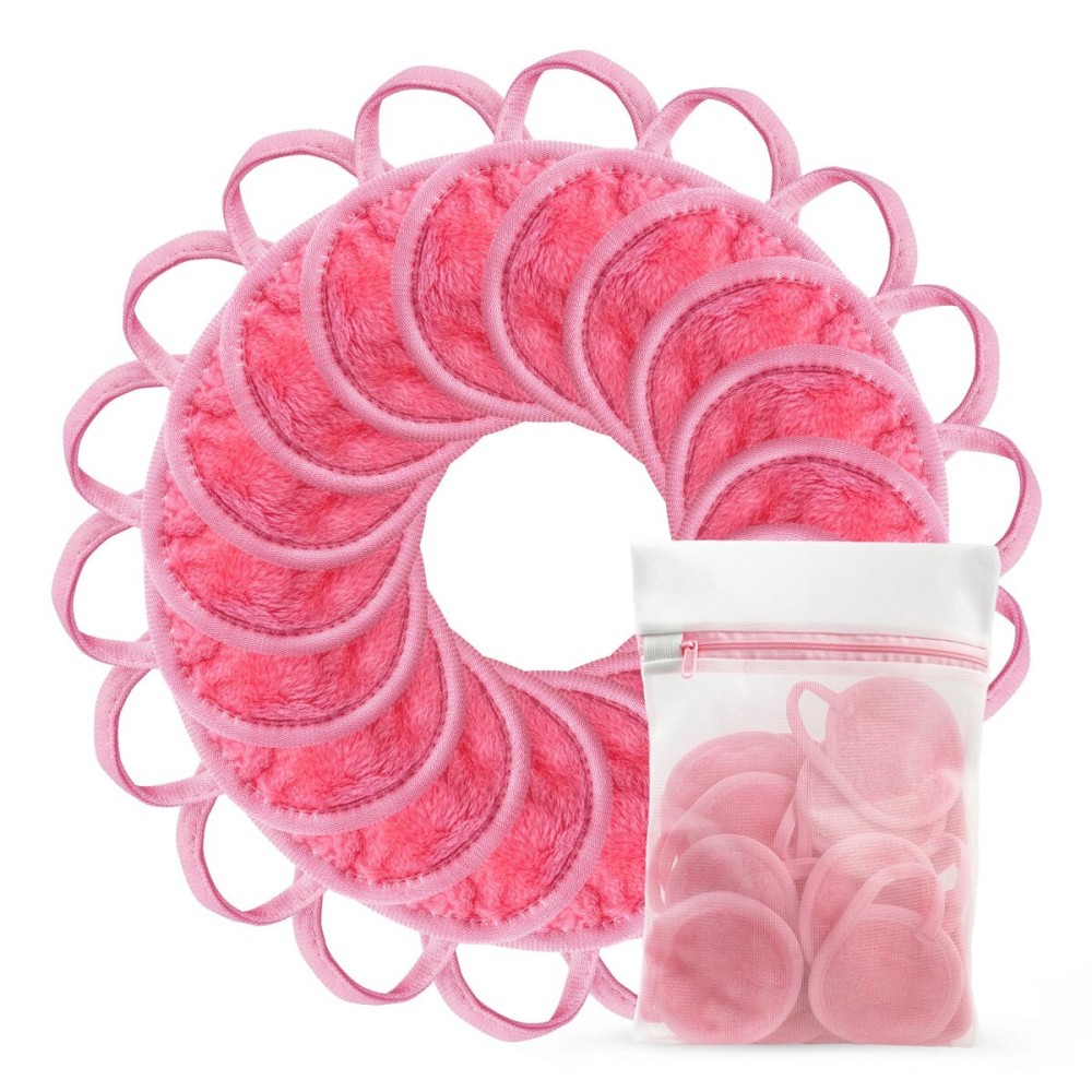 Nugilla 18 Packs Reusable Makeup Remover Pads with a Washable Laundry Bag, Resuable Microfiber Round Towel Skin Face Towels, Soft Makeup Remover Cloth, Fast Drying Washcloth (Pink)