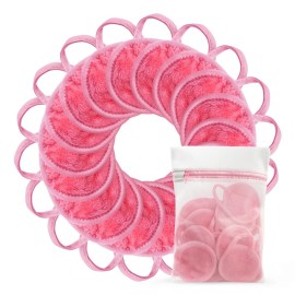 Nugilla 18 Packs Reusable Makeup Remover Pads with a Washable Laundry Bag, Resuable Microfiber Round Towel Skin Face Towels, Soft Makeup Remover Cloth, Fast Drying Washcloth (Pink)
