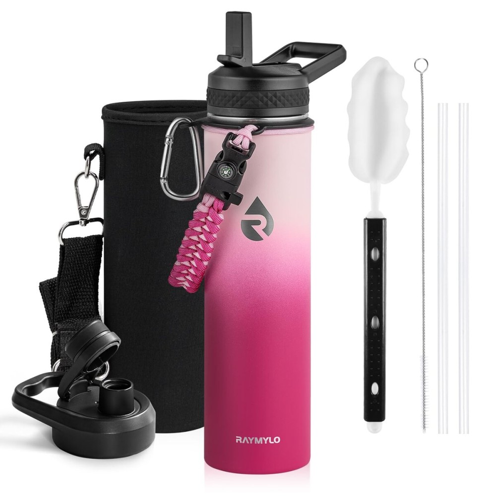RAYMYLO Insulated Water Bottle 24oz, Triple Wall Vacuum Stainless Steel (Cold for 48 Hrs, Hot for 24Hrs), Leak Proof & Non-BPA, 24oz Hydro Water Flask with Paracord Handle & Straw Spout Lids