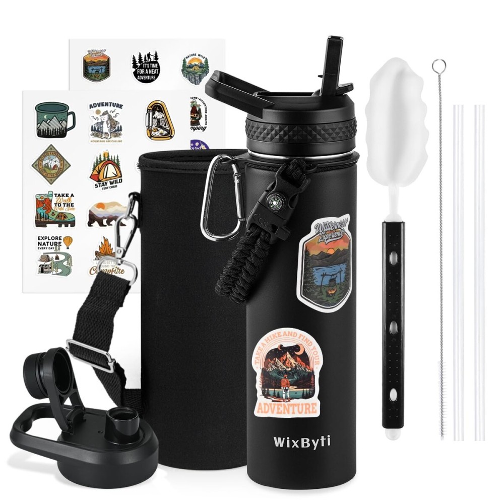 WixByti 20 oz Insulated Water Bottle with Straw (Cold for 48 Hrs), Stainless Steel Triple Wall Vacuum Sports Water Jug, Leakproof Hydro Cup Flask with Paracord Handle & Straw Spout Lids & DIY Stickers