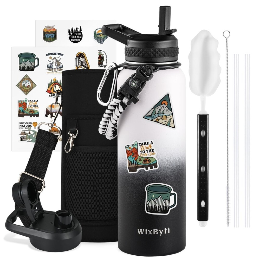 WixByti 40 oz Insulated Water Bottle with Straw (Cold for 48 Hrs), Stainless Steel Triple Wall Vacuum Sports Water Jug, Leakproof Hydro Cup Flask with Paracord Handle & Straw Spout Lids & DIY Stickers