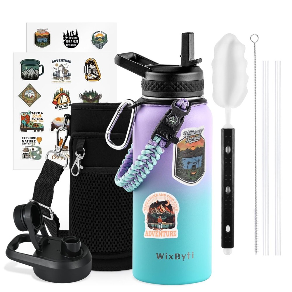 WixByti 32 oz Insulated Water Bottle with Straw (Cold for 48 Hrs), Stainless Steel Triple Wall Vacuum Sports Water Jug, Leakproof Hydro Cup Flask with Paracord Handle & Straw Spout Lids & DIY Stickers