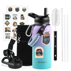 WixByti 32 oz Insulated Water Bottle with Straw (Cold for 48 Hrs), Stainless Steel Triple Wall Vacuum Sports Water Jug, Leakproof Hydro Cup Flask with Paracord Handle & Straw Spout Lids & DIY Stickers