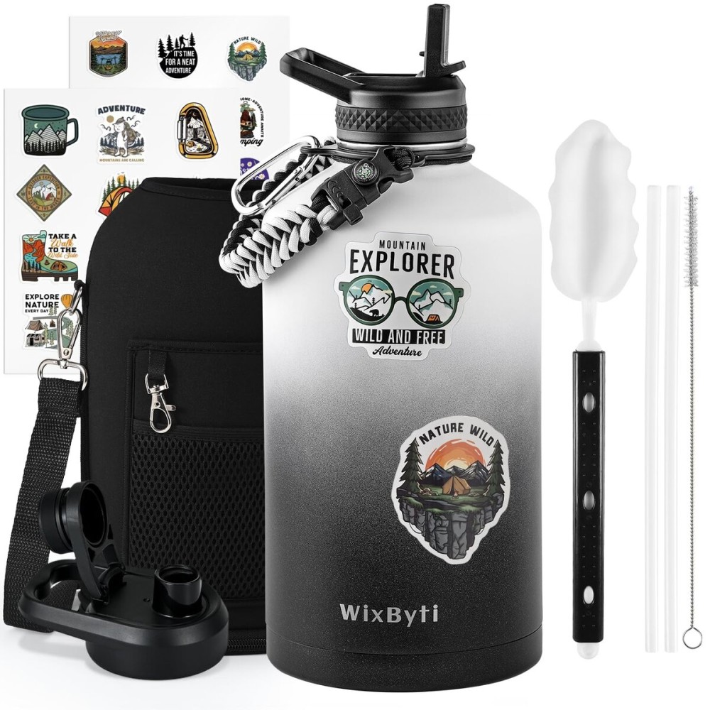 WixByti One Gallon Water Bottle Insulated, Triple Wall Vacuum Cold for 48 Hrs & Leak-proof & Non-BPA, 128oz Large Sports Stainless Steel Water Jug with Paracord Handle Straw Spout Lids & DIY Stickers