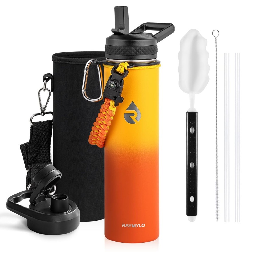 RAYMYLO Insulated Water Bottle 24oz, Triple Wall Vacuum Stainless Steel (Cold for 48 Hrs, Hot for 24Hrs), Leak Proof & Non-BPA, 24oz Hydro Water Flask with Paracord Handle & Straw Spout Lids