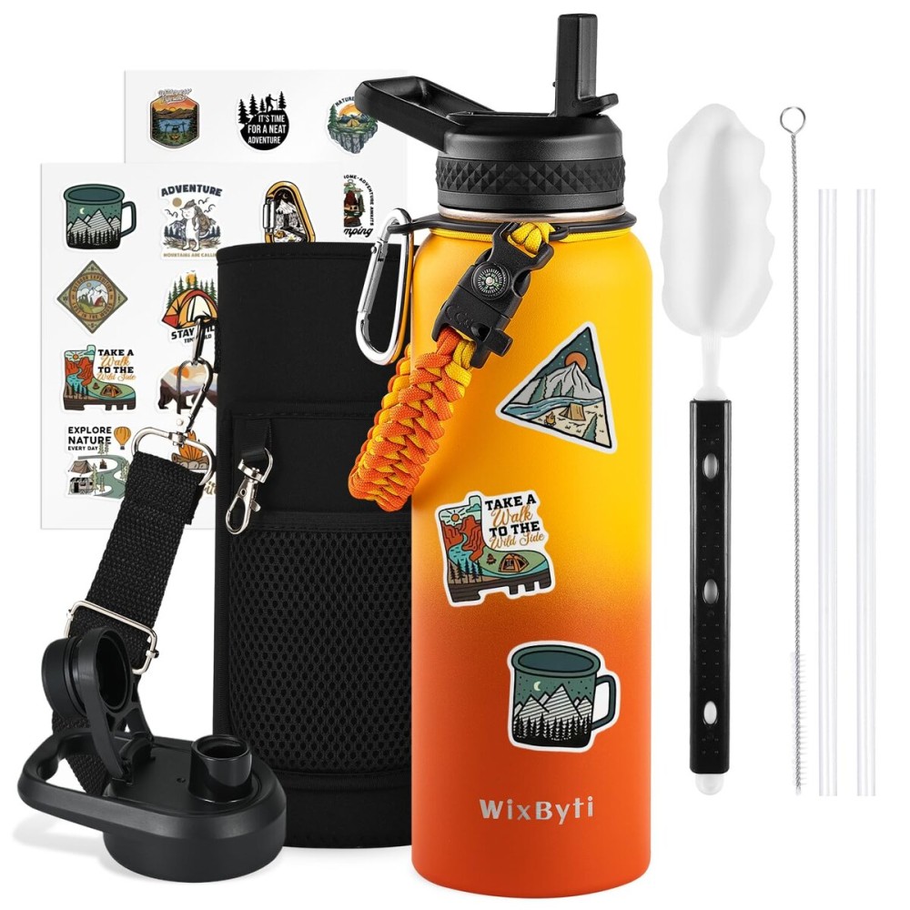 WixByti 40 oz Insulated Water Bottle with Straw (Cold for 48 Hrs), Stainless Steel Triple Wall Vacuum Sports Water Jug, Leakproof Hydro Cup Flask with Paracord Handle & Straw Spout Lids & DIY Stickers