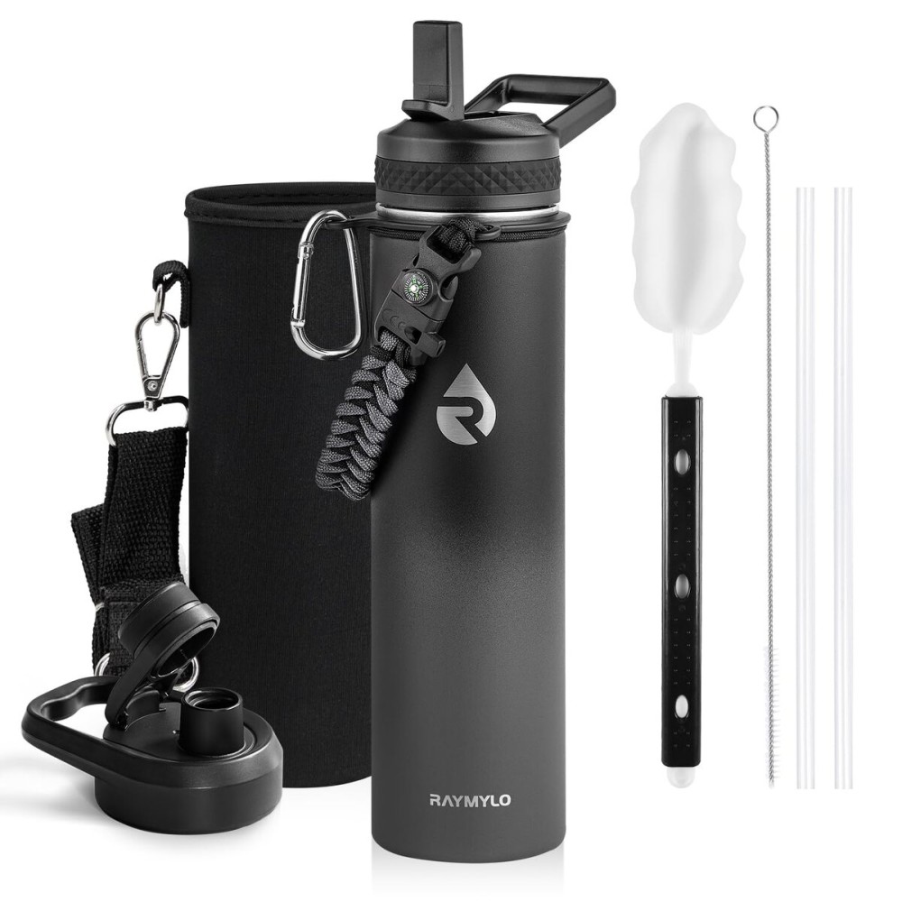 RAYMYLO Insulated Water Bottle 24oz, Triple Wall Vacuum Stainless Steel (Cold for 48 Hrs, Hot for 24Hrs), Leak Proof & Non-BPA, 24oz Hydro Water Flask with Paracord Handle & Straw Spout Lids