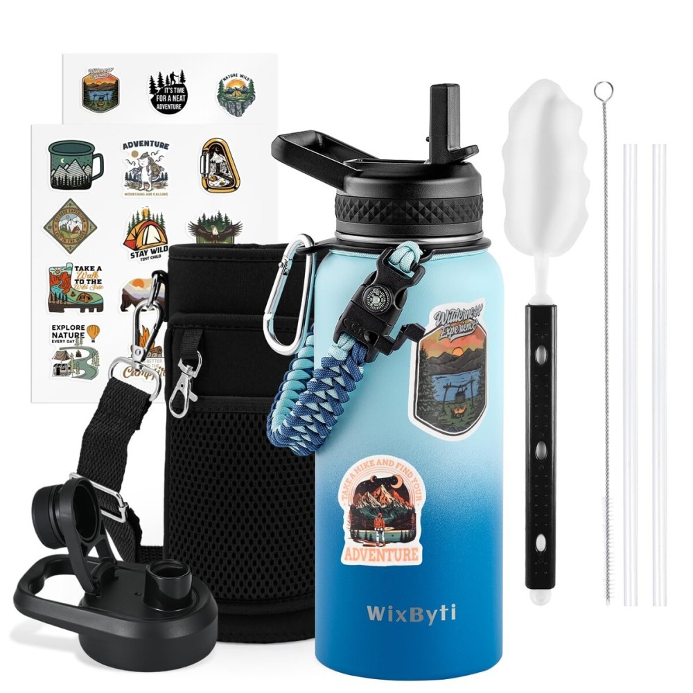 WixByti 32 oz Insulated Water Bottle with Straw (Cold for 48 Hrs), Stainless Steel Triple Wall Vacuum Sports Water Jug, Leakproof Hydro Cup Flask with Paracord Handle & Straw Spout Lids & DIY Stickers