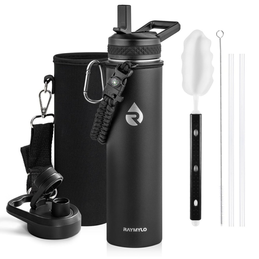 RAYMYLO Insulated Water Bottle 24oz, Triple Wall Vacuum Stainless Steel (Cold for 48 Hrs, Hot for 24Hrs), Leak Proof & Non-BPA, 24oz Hydro Water Flask with Paracord Handle & Straw Spout Lids
