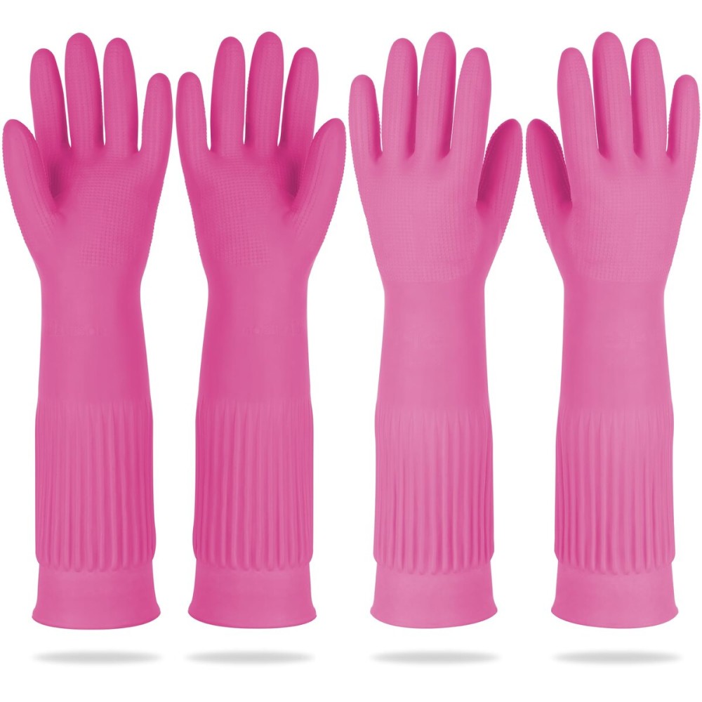 DABOGOSA Mamison 2 Pairs Reusable Waterproof Household Dishwashing Cleaning Rubber Gloves, Non-Slip Kitchen Glove (Pink, XL (Pack of 2))