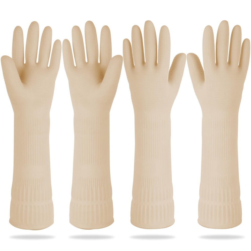 DABOGOSA Mamison 2 Pairs Reusable Waterproof Household Dishwashing Cleaning Rubber Gloves, Non-Slip Kitchen Glove (Ivory, Large (Pack of 2))