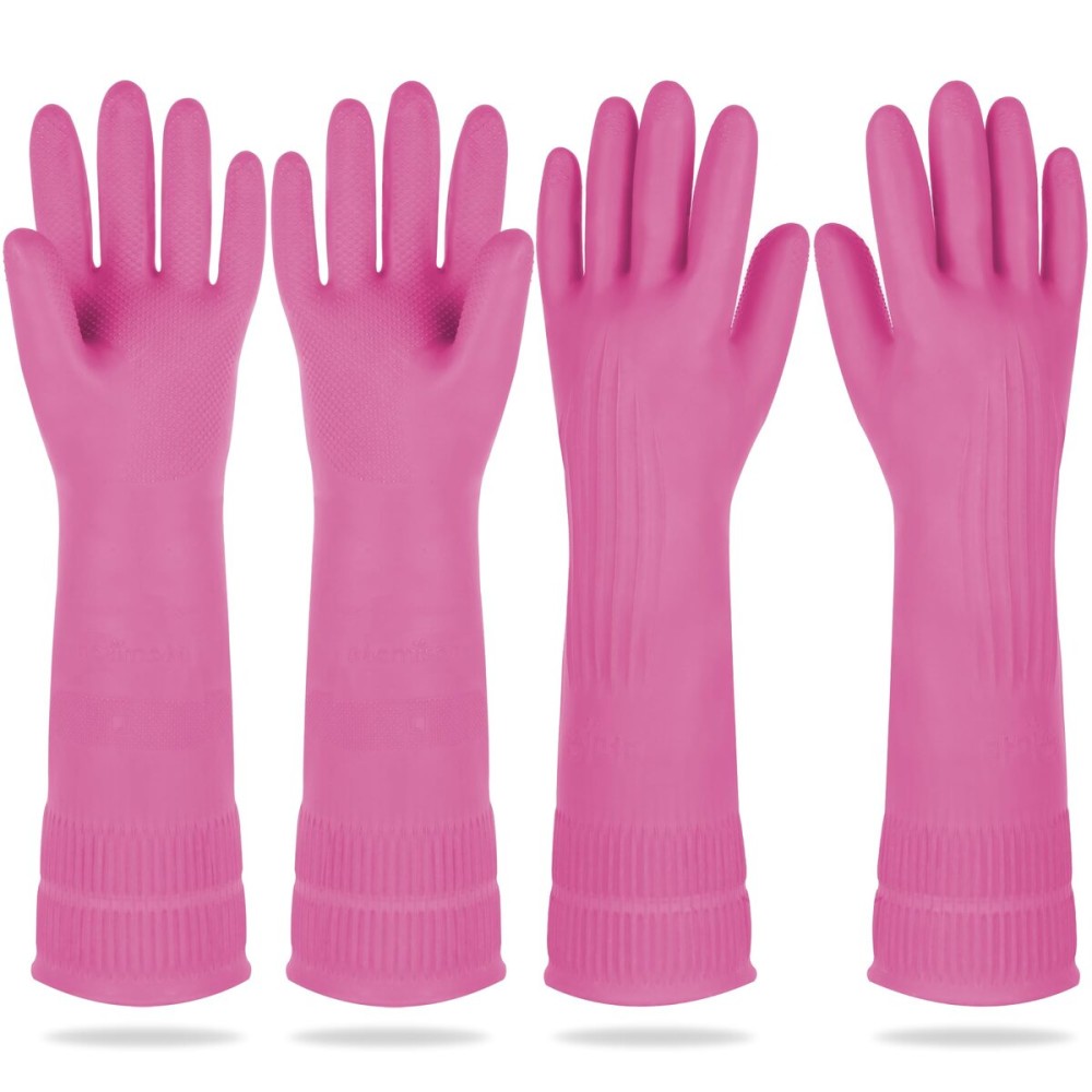 DABOGOSA Mamison 2 Pairs Reusable Waterproof Household Dishwashing Cleaning Rubber Gloves, Non-Slip Kitchen Glove (Pink, Large (Pack of 2))