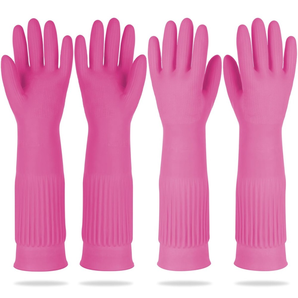 DABOGOSA Mamison 2 Pairs Reusable Waterproof Household Dishwashing Cleaning Rubber Gloves, Non-Slip Kitchen Glove (Pink, XXL (Pack of 2))