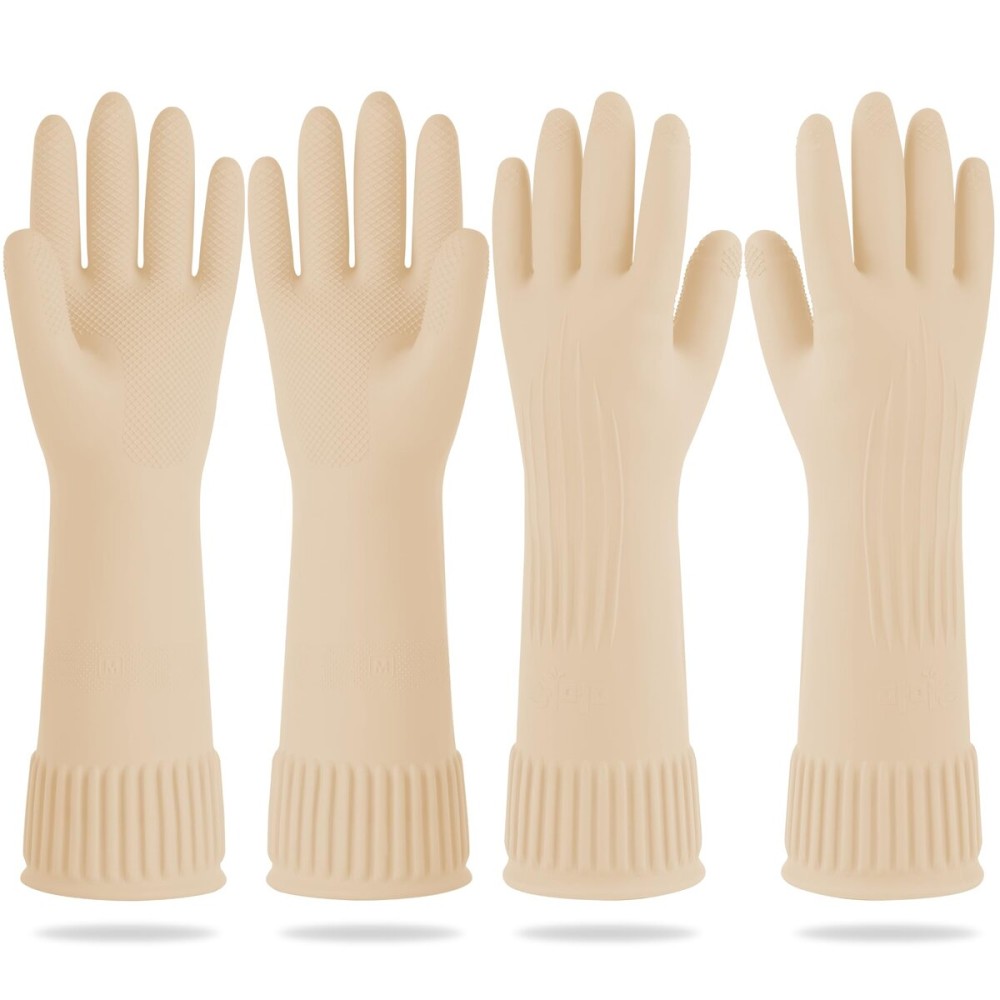 DABOGOSA Mamison 2 Pairs Reusable Waterproof Household Dishwashing Cleaning Rubber Gloves, Non-Slip Kitchen Glove (Ivory, Medium (Pack of 2))