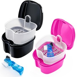 Keedolla 2 Pack Denture Bath Box Cup Retainer Cleaner Case with Strainer Basket, Mouth Guard Cleaning Case Denture Storage Soaking Holder - Black & Rose Red