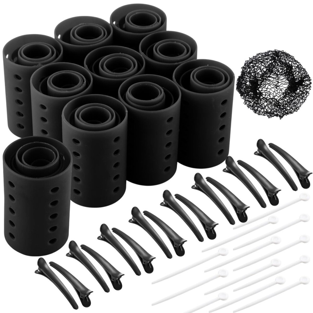 WILLBOND 141 Pieces Hair Rollers Set Include 60 Pcs Plastic Hair Rollers (black,6 Sizes)