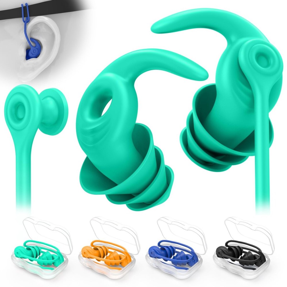 Swimming Ear Plugs for Adults, 4 Pairs Waterproof Reusable Silicone Swim Earplugs with Removable Cord, Perfect for Swimming, Showering, Surfing and Other Water Sports - Two Wearing Styles