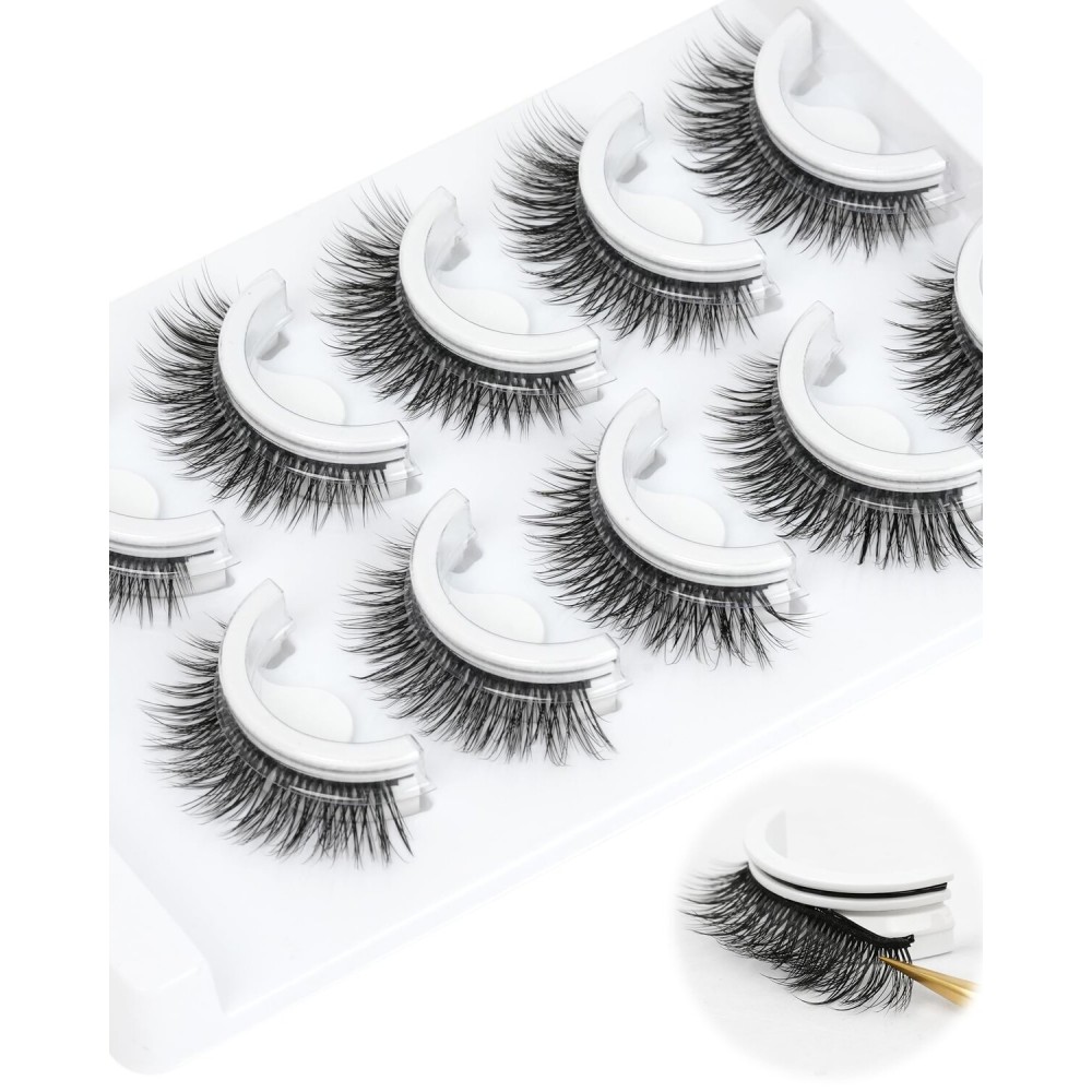 Waterproof Self Adhesive Eyelashes, 5 Pairs Natural Look Stick on False Eyelashes, Cat Eye Style 6-12mm Pre Glued Lashes, No Glue Needed, Wispy Glueless Lashes Reusable by Obeyalash (6D07)