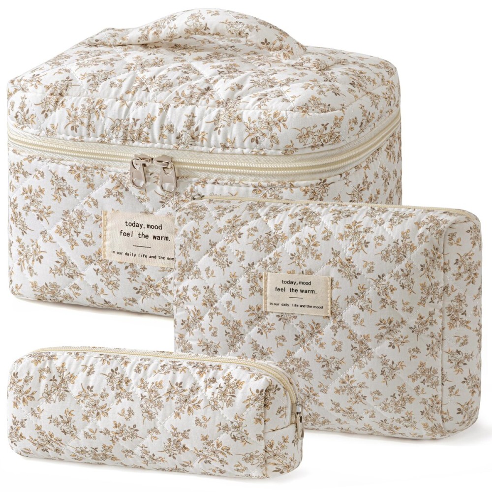 HBselect Quilted Makeup Bag, 3PCS Cotton Large Travel Makeup Bag, Cute Floral Coquette Make up Bag Cosmetic Bag Toiletry Bag for Women Girls