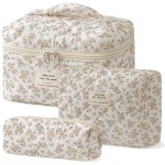 HBselect Quilted Makeup Bag, 3PCS Cotton Large Travel Makeup Bag, Cute Floral Coquette Make up Bag Cosmetic Bag Toiletry Bag for Women Girls