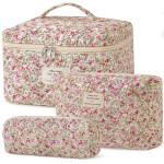 HBselect Quilted Makeup Bag, 3PCS Cotton Large Travel Makeup Bag, Cute Floral Coquette Make up Bag Cosmetic Bag Toiletry Bag for Women Girls