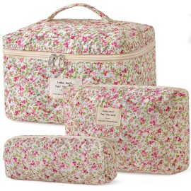 HBselect Quilted Makeup Bag, 3PCS Cotton Large Travel Makeup Bag, Cute Floral Coquette Make up Bag Cosmetic Bag Toiletry Bag for Women Girls