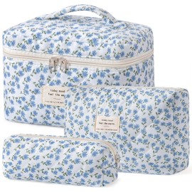 HBselect Quilted Makeup Bag, 3PCS Cotton Large Travel Makeup Bag, Cute Floral Coquette Make up Bag Cosmetic Bag Toiletry Bag for Women Girls
