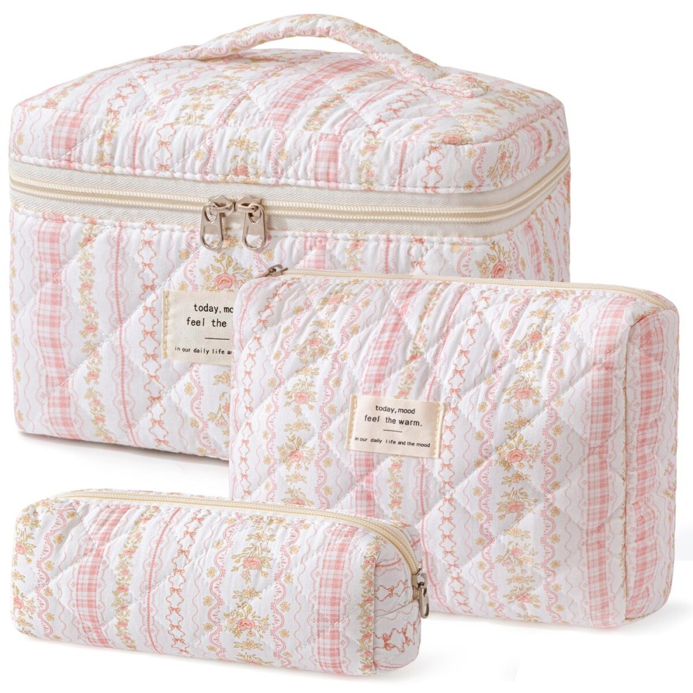 HBselect Quilted Makeup Bag, 3PCS Cotton Large Travel Makeup Bag, Cute Floral Coquette Make up Bag Cosmetic Bag Toiletry Bag for Women Girls