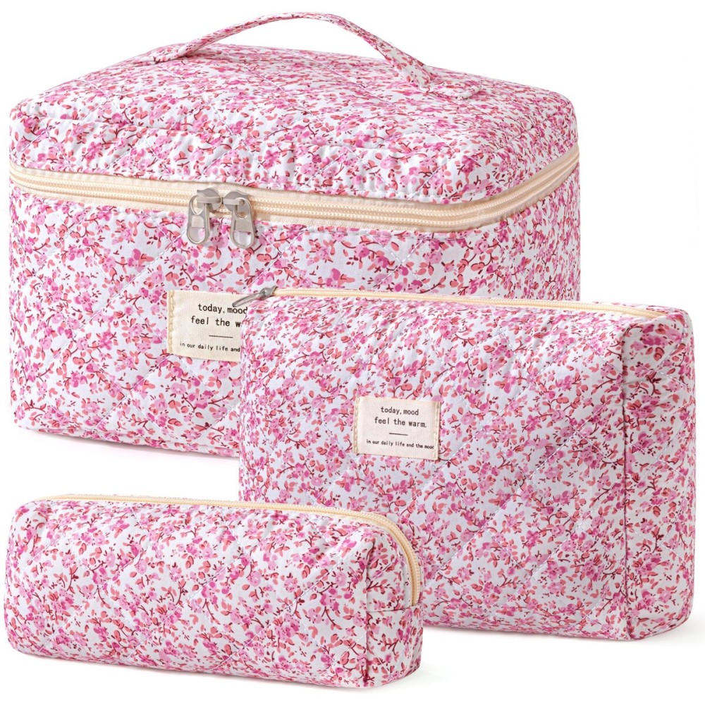 HBselect Quilted Makeup Bag, 3PCS Cotton Large Travel Makeup Bag, Cute Floral Coquette Make up Bag Cosmetic Bag Toiletry Bag for Women Girls