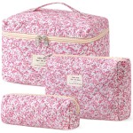 HBselect Quilted Makeup Bag, 3PCS Cotton Large Travel Makeup Bag, Cute Floral Coquette Make up Bag Cosmetic Bag Toiletry Bag for Women Girls