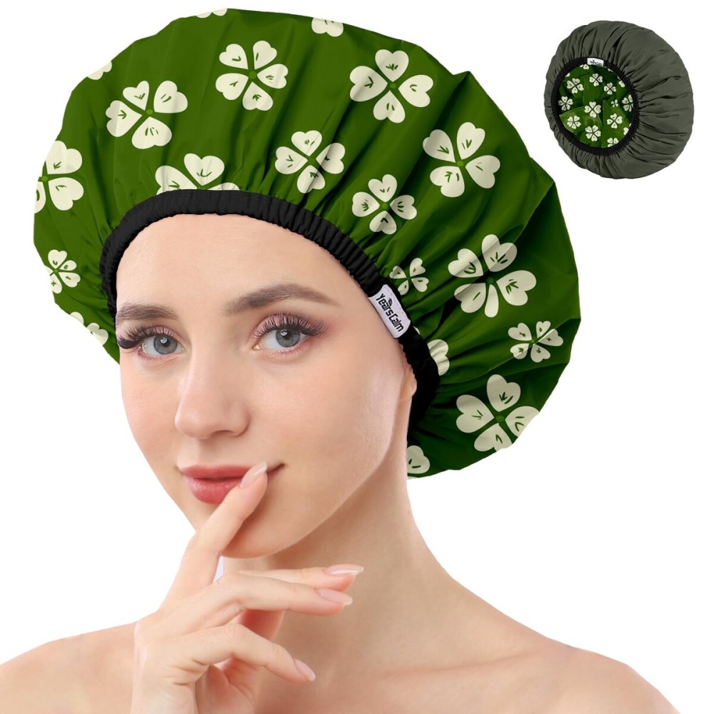 Years Calm Shower Caps For Women Reusable WaterproofPattern And Solid Color Dual-Layer Design For Dual-Layer UsableProtects Hair In Shower, Spa, Cooking, Clean & Travel (Green, Extra Large)