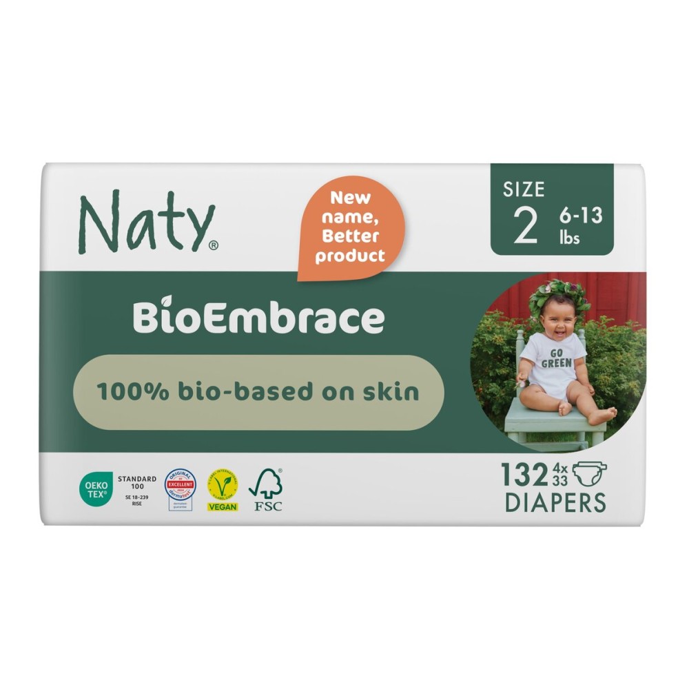 Naty BioEmbrace Baby Newborn Diapers Size 2 (6-13 lbs) | 100% Biobased on Skin | Plant-Based Softness | Dermatologically Tested, Super Absorbent | 132 Count