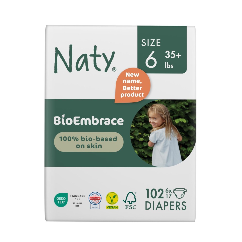 Naty BioEmbrace Baby Diapers Size 6 (35+ lbs) | 100% Biobased on Skin | Plant-Based Softness | Dermatologically Tested, Super Absorbent | 102 Count