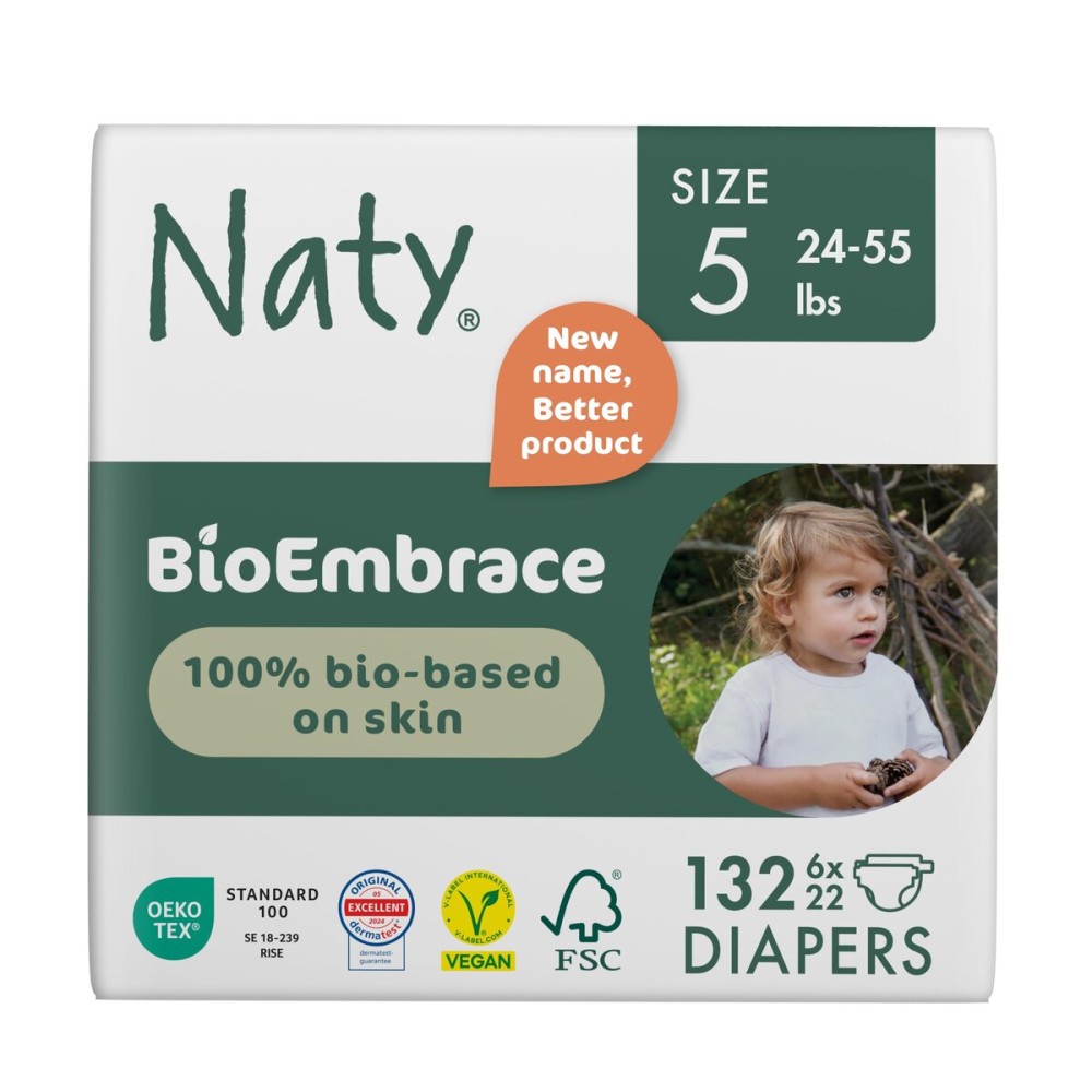 Naty BioEmbrace Baby Diapers Size 5 (24-55 lbs) | 100% Biobased on Skin | Plant-Based Softness | Dermatologically Tested, Super Absorbent | 132 Count