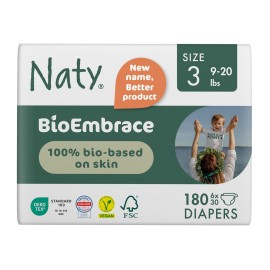 Naty BioEmbrace Baby Diapers Size 3 (9-20 lbs) | 100% Biobased on Skin | Plant-Based Softness | Dermatologically Tested, Super Absorbent | 180 Count