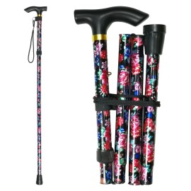 CLOKTA Folding Cane, 5-Level Adjustable Height Lightweight Portable Foldable Walking Canes with Wrist Strap and T Handle for Men Women Seniors (Peony Flowers)