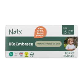 Naty BioEmbrace Baby Diapers Size 5 (24-55 lbs) | 100% Biobased on Skin | Plant-Based Softness | Dermatologically Tested, Super Absorbent | 80 Count