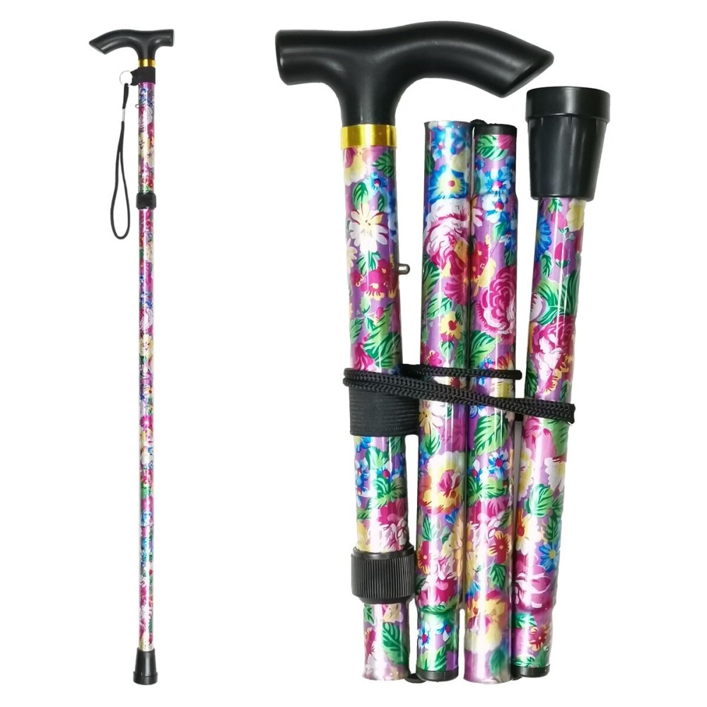 CLOKTA Folding Cane, 5-Level Adjustable Height Lightweight Portable Foldable Walking Canes with Wrist Strap and T Handle for Men Women Seniors (Big Pink Flowers)