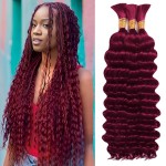 Human Braiding Hair for Boho Braids 3 Bundles/Pack 110g 14 Inch Deep Wave Bulk Human Hair for Braiding Curly Knotless 12A Brazilian Virgin Burgundy