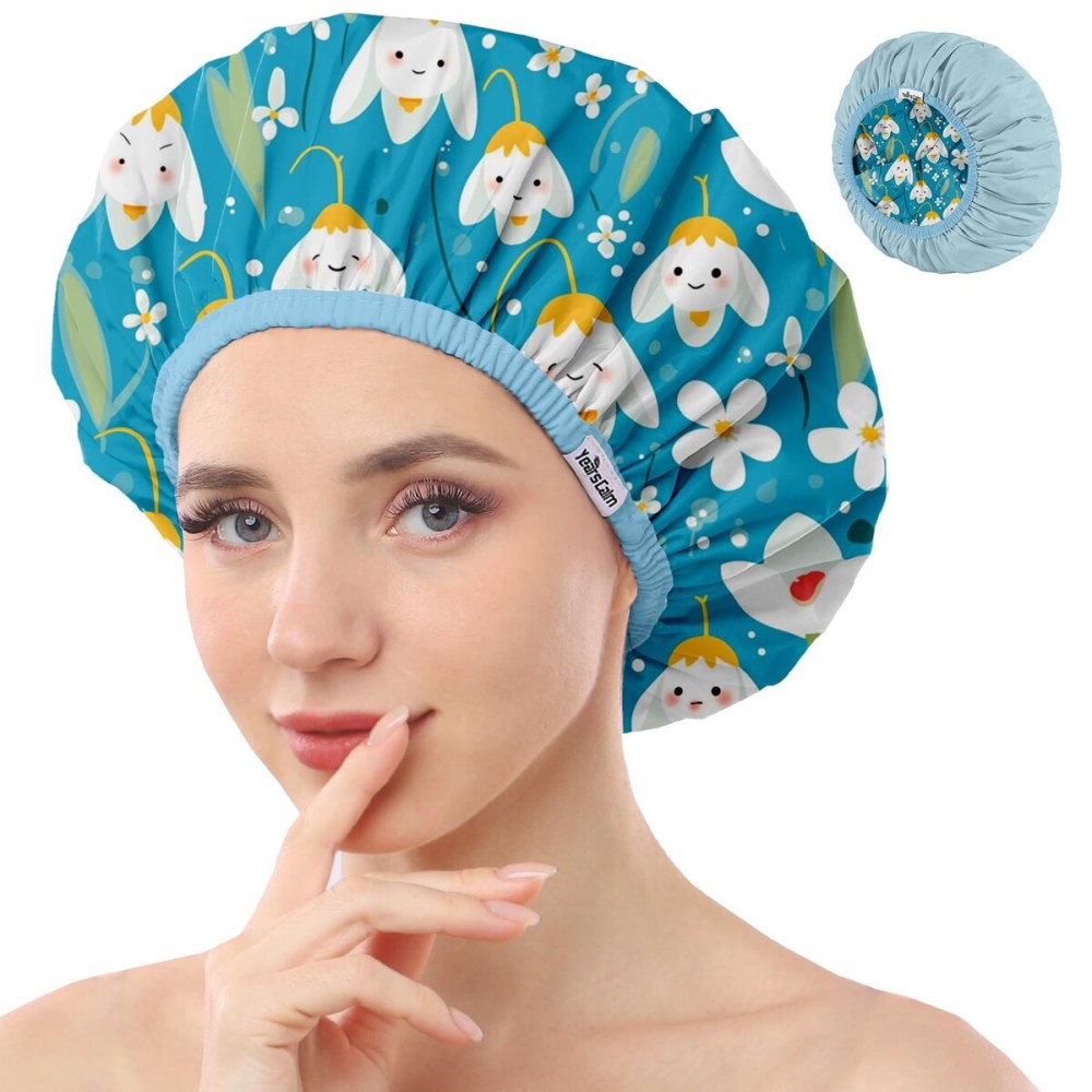 Years Calm Shower Caps For Women Reusable WaterproofPattern And Solid Color Dual-Layer Design For Dual-Layer UsableProtects Hair In Shower, Spa, Cooking, Clean & Travel (Bell Orchid, Extra Large)