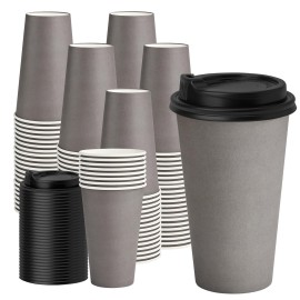 YEEHAW 16 oz Coffee Cups with Lids 100 Pack, Grey Disposable Paper Coffee Cups with Lids, To Go Cup with Lid