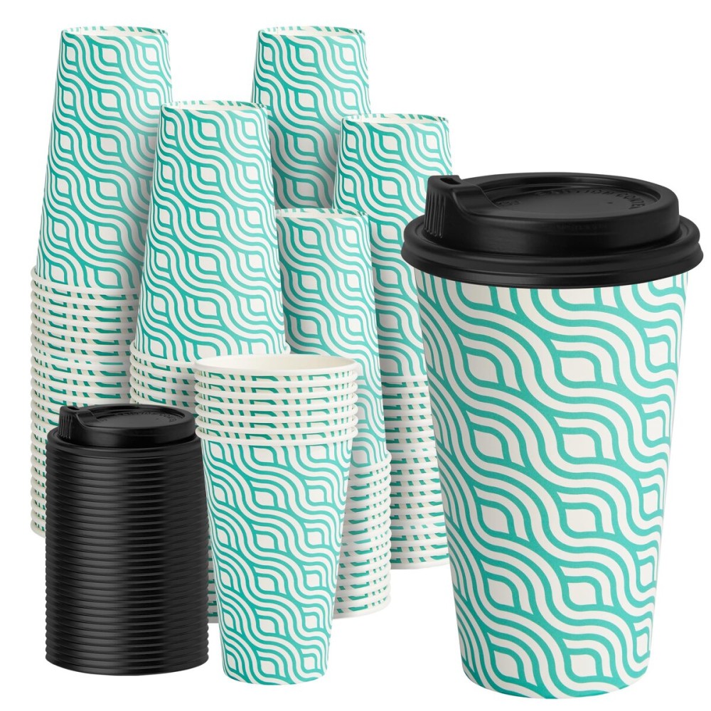 YEEHAW 16 oz Coffee Cups with Lids 100 Pack, Green Disposable Paper Coffee Cups with Lids, To Go Cup with Lid