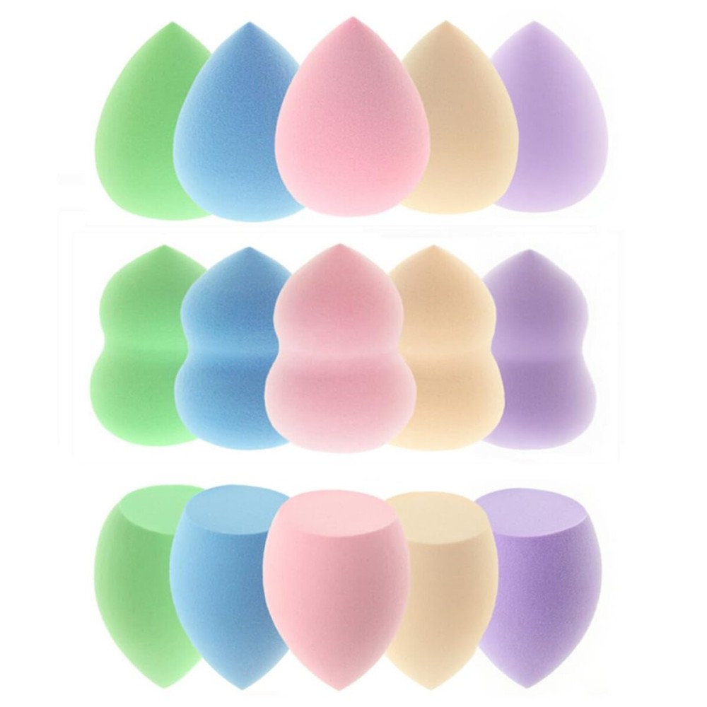 15 Pcs Makeup Sponges Set - 3 Shapes Beauty Blender Kit for Liquid, Cream & Powder Foundation, Concealer - Multi-Colored Soft Cosmetic Sponges (Pink/Nude/Purple/Green/Blue)