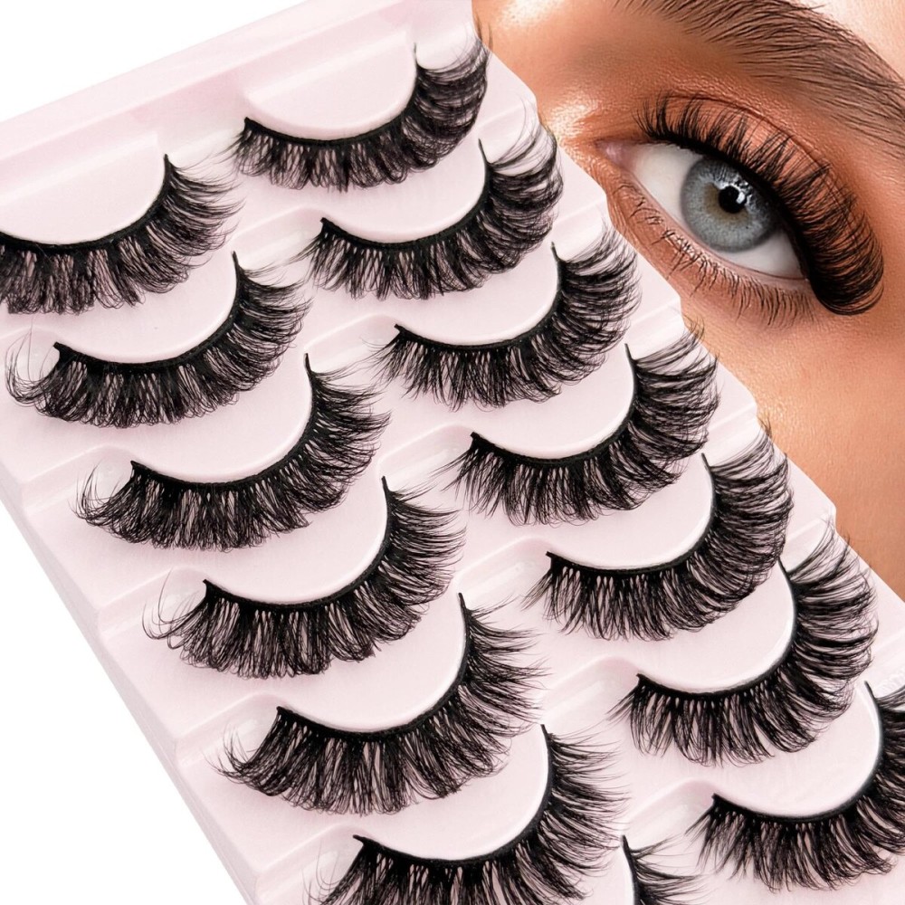 Short Lashes Natural Look D Curl 8-14mm Mink Eyelashes Fluffy that Look Like Extensions Strip False Volume Lash Pack Full 7 Pair Wispy Cat Eye Mega Double Stacked Thick Eyelash Small Fake Lashes