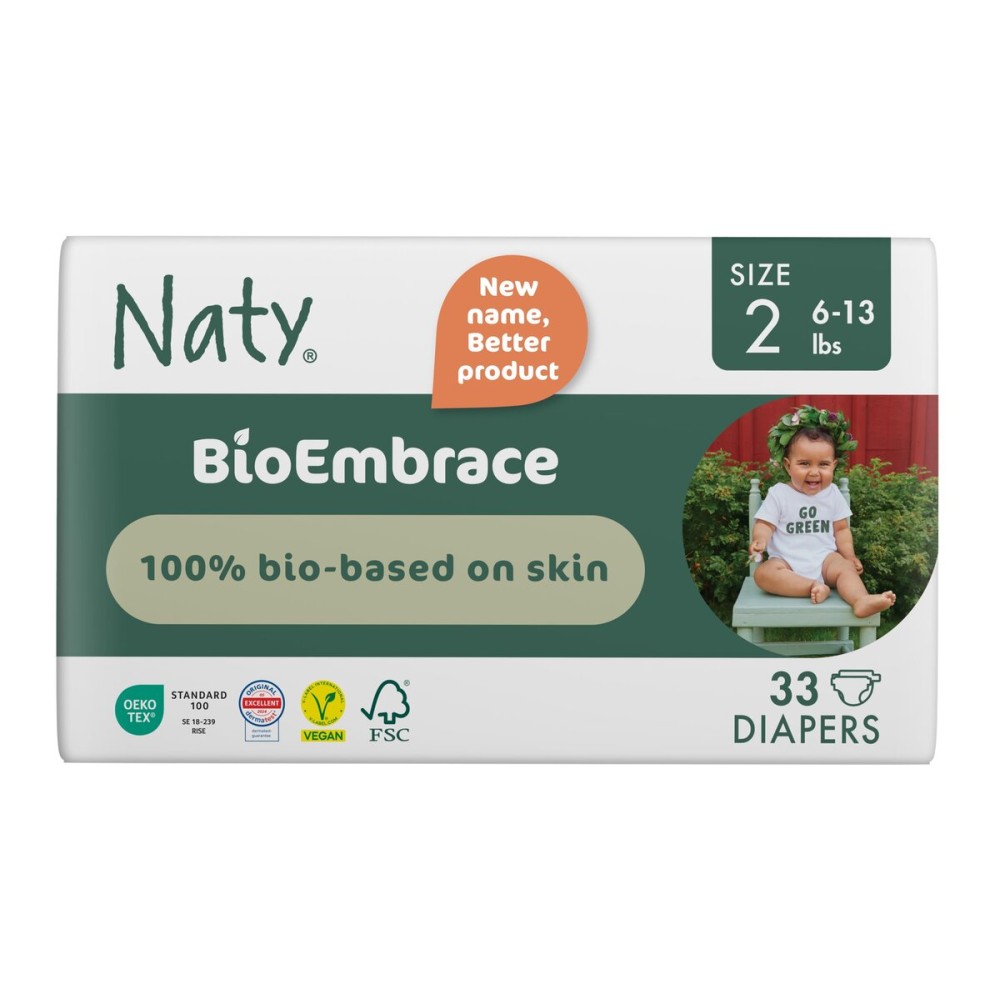 Naty BioEmbrace Baby Newborn Diapers Size 2 (6-13 lbs) | 100% Biobased on Skin | Plant-Based Softness | Dermatologically Tested, Super Absorbent | 33 Count