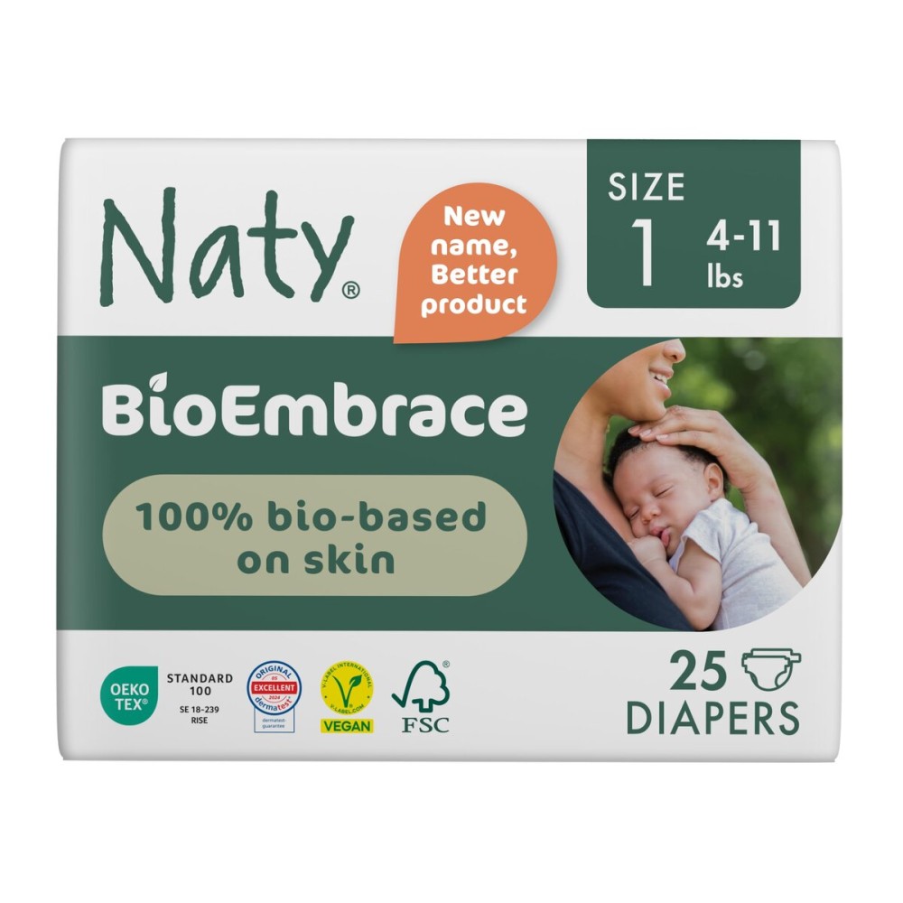 Naty BioEmbrace Baby Newborn Diapers Size 1 (4-11 lbs) | 100% Biobased on Skin | Plant-Based Softness | Dermatologically Tested, Super Absorbent | 25 Count