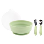 Bumkins - Silicone Grip Bowl, Fork & Spoon & Lid - For Ages 18 Months+ - Suction Base - 100% Food-Safe Silicone - Oven, Microwave, Freezer, & Dishwasher Safe - Green