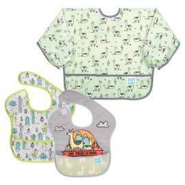 Bumkins - SuperBibs + Sleeved Bib - For Boys & Girls, Babies & Toddlers 6-24 Months - Lightweight, Durable, Waterproof - Catch-All Pocket - Wipeable & Machine Washable - No Prob-llama Green - 3 Pack
