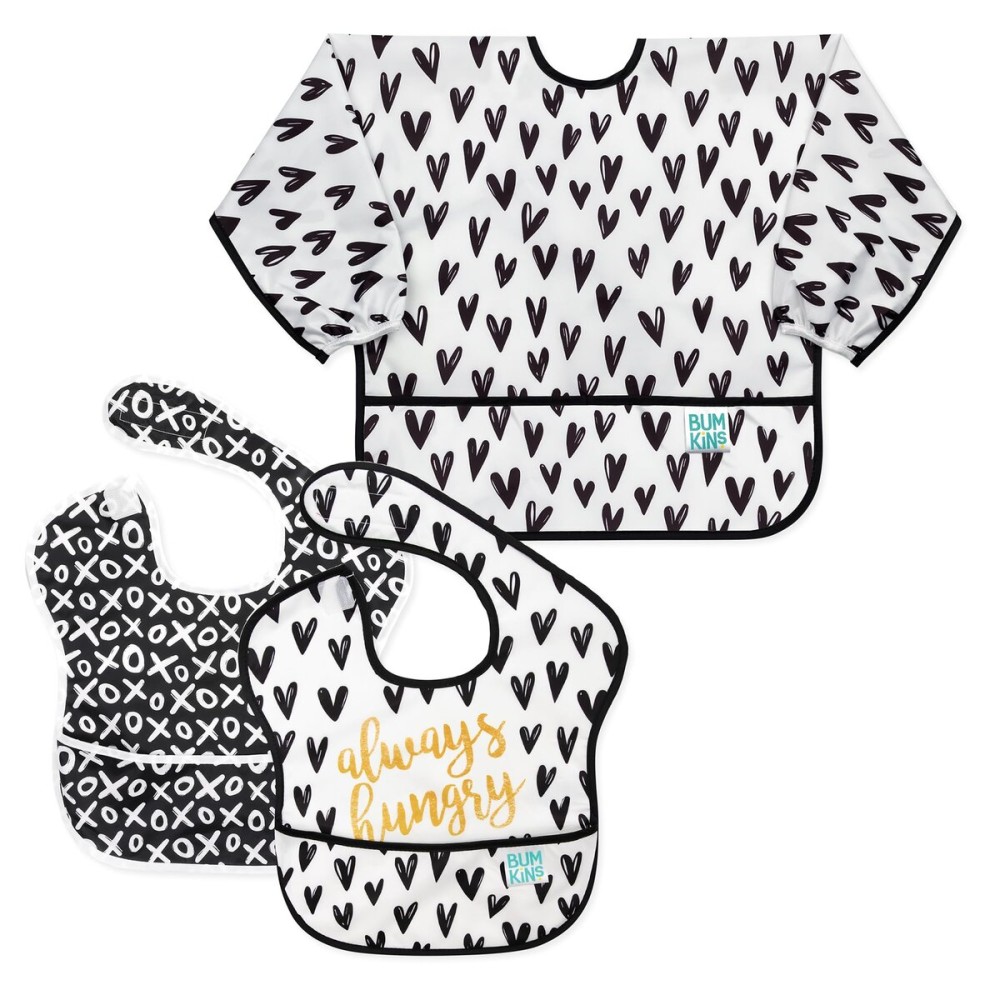 Bumkins - SuperBibs + Sleeved Bib - For Boys & Girls, Babies & Toddlers 6-24 Months - Lightweight, Durable, Waterproof - Catch-All Pocket - Wipeable & Machine Washable - Black Hearts on White - 3 Pack