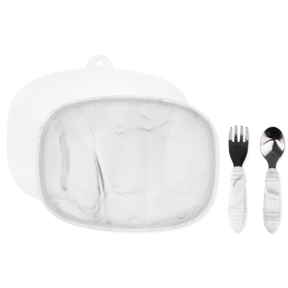 Bumkins - Silicone Grip Tray, Fork & Spoon & Lid - For Ages 18 Months+ - Suction Base - 100% Food-Safe Silicone - Oven, Microwave, Freezer, & Dishwasher Safe - Marble